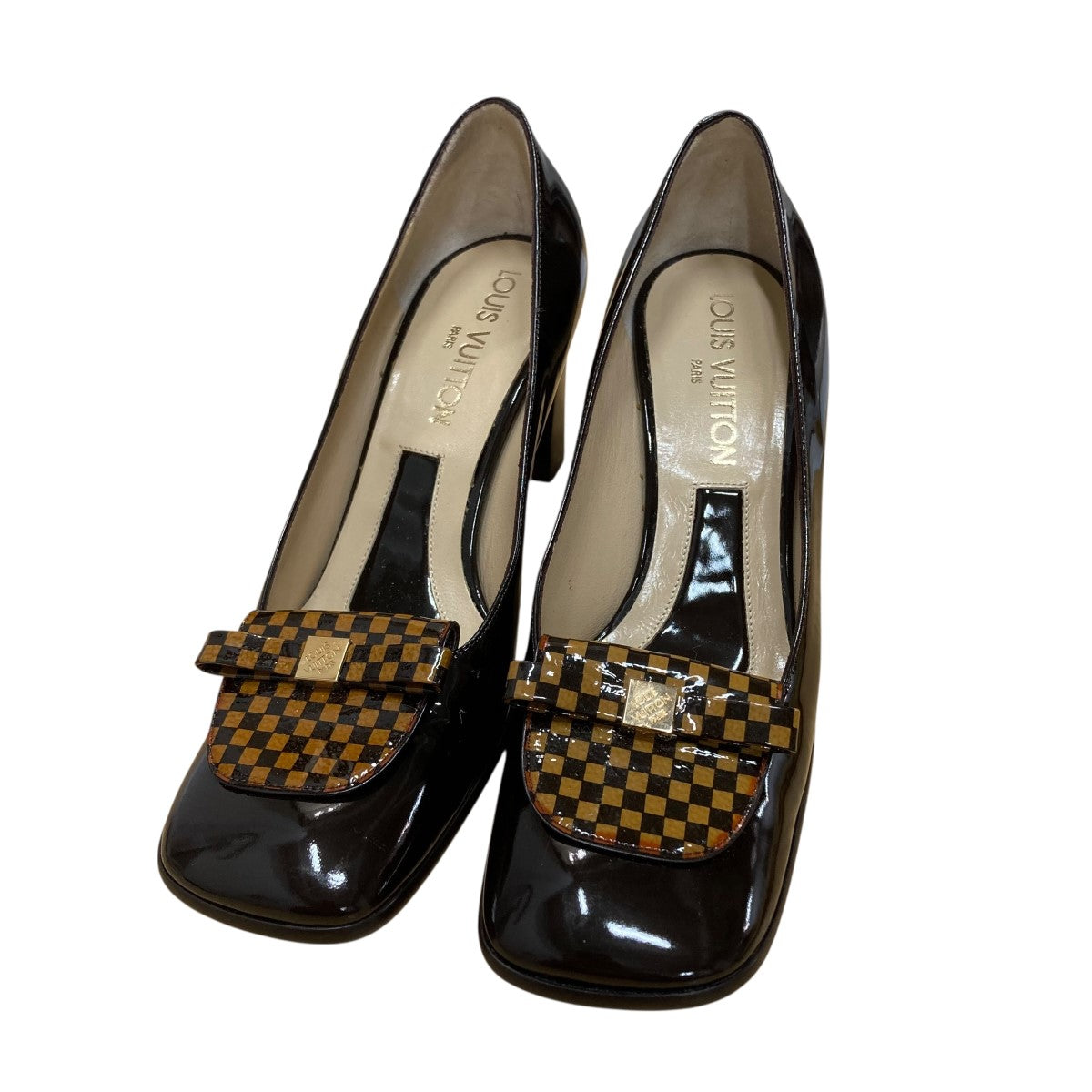 美品★ルイヴィトン・レザー切替 ダミエ柄リボン オープントゥ パンプス(34) LOUIS VUITTON(ルイヴィトン) ダミエパンプス ブラウン サイズ