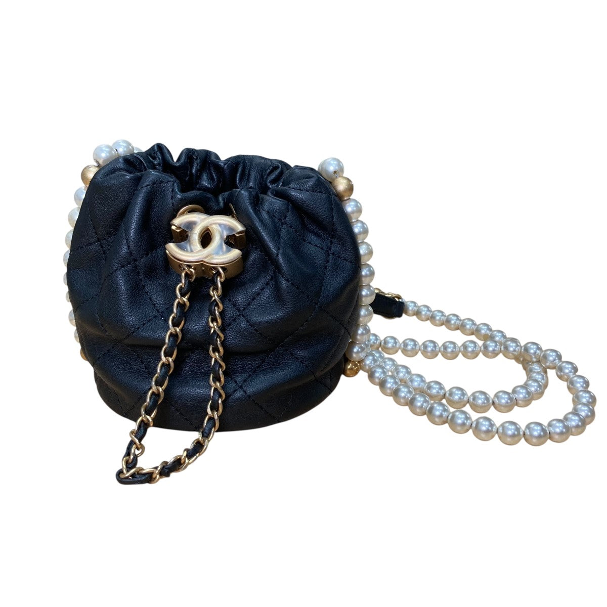 CHANEL ラムスキン パールショルダー巾着バッグ 古着・中古-2枚目のアイテム画像