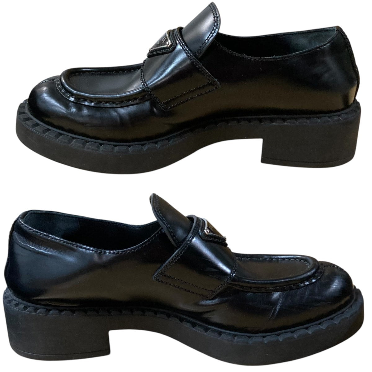 【人気】 プラダ ブラッシュド ローファー トライアングル サイズ37 スクエア プラダ ローファー オックスフォード ブラッシュドレザー