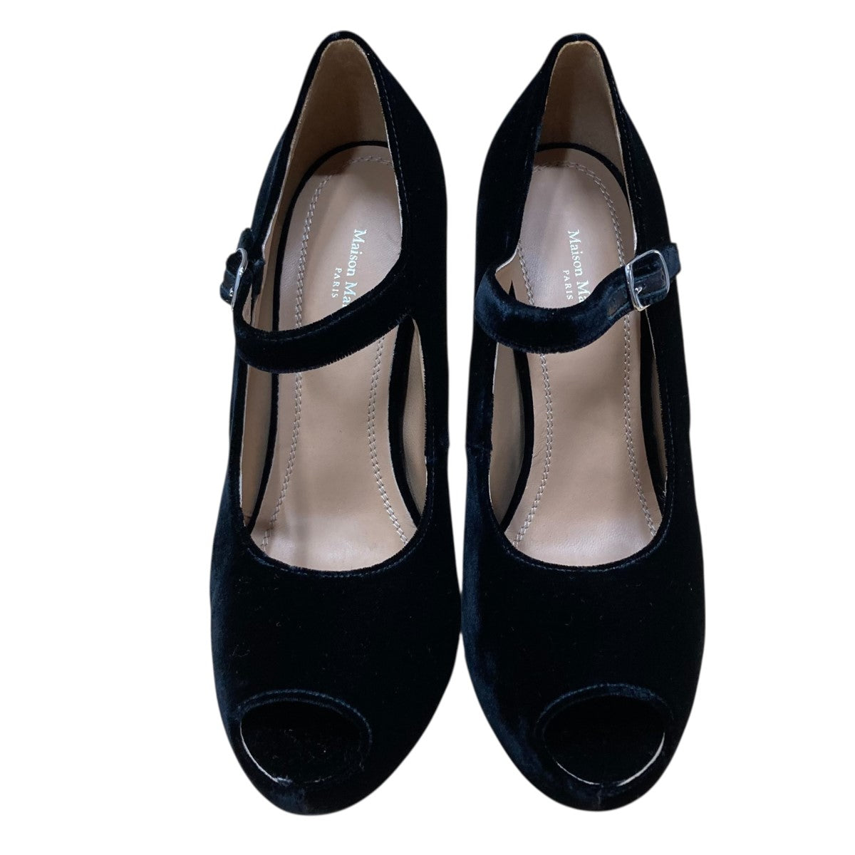 変形ヒールベロアパンプス