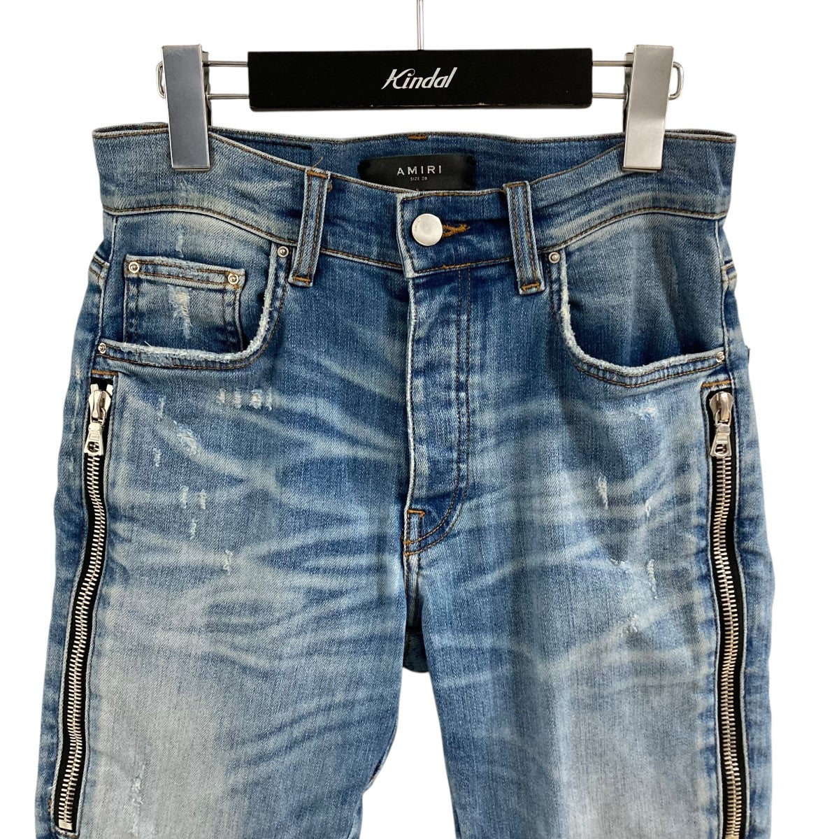 AMIRI(アミリ) バイカーレザー切替デニムパンツ インディゴ×ブラック