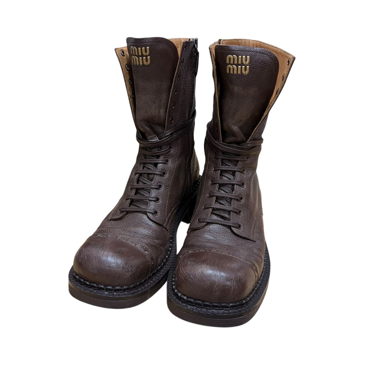 MIU MIU ダメージ加工サイドジップレースアップブーツ 古着・中古-1枚目のアイテム画像