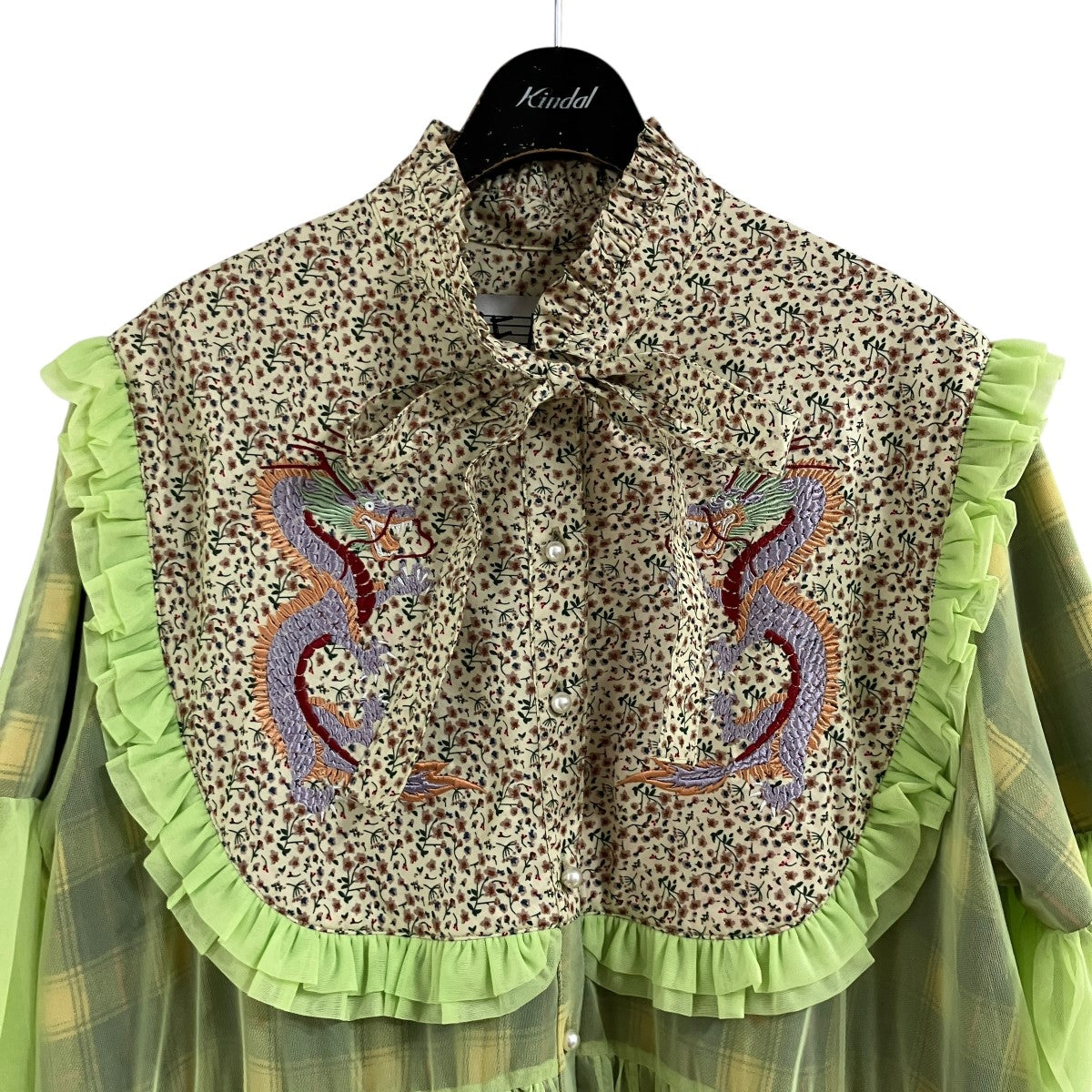 ドラゴン刺繍切替チェックロングシャツ