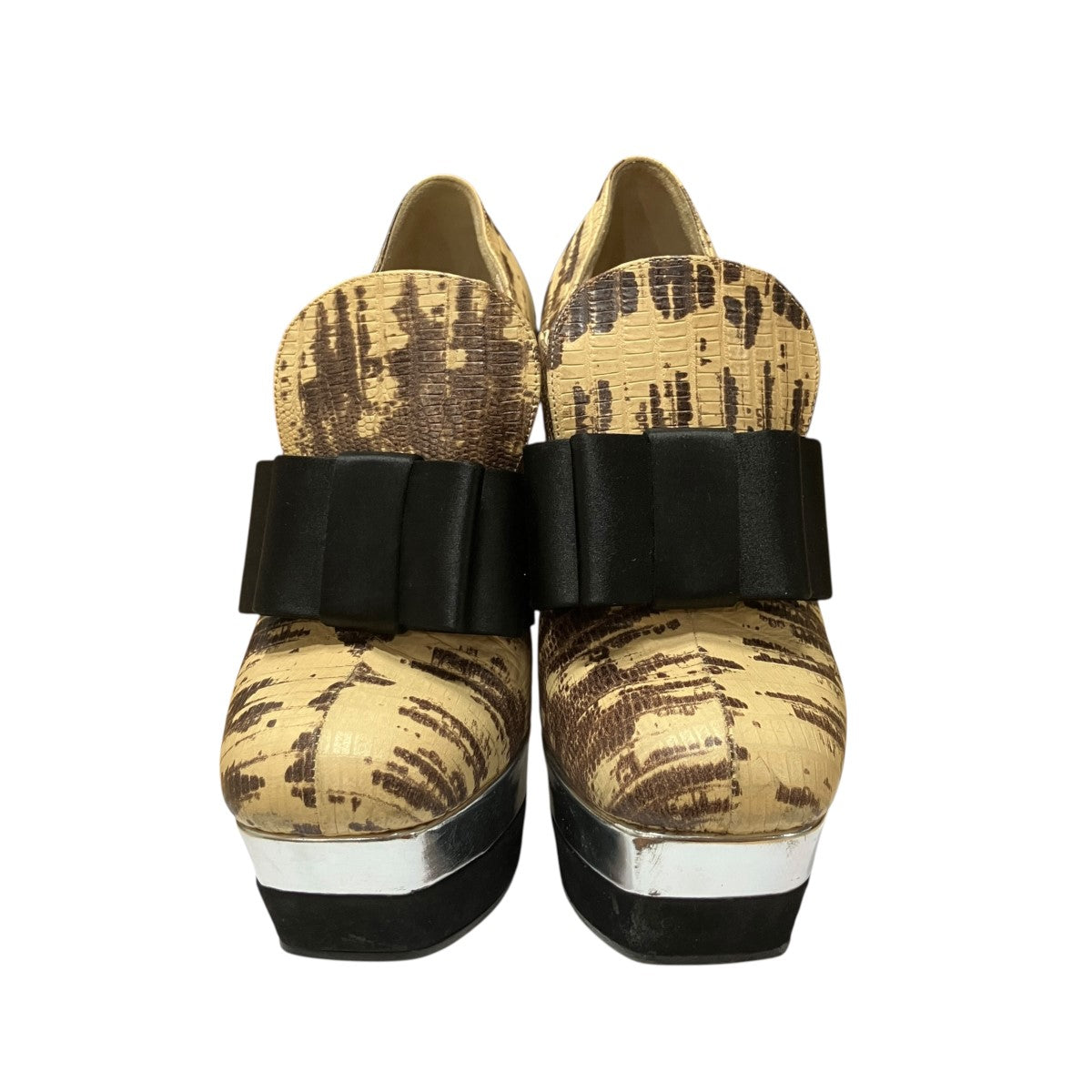 90s〜00s miu miu スクエアトゥ レザーミュール / パンプス MIU MIU(ミュウミュウ) 型押しレザーパンプス ベージュ×ブラウン