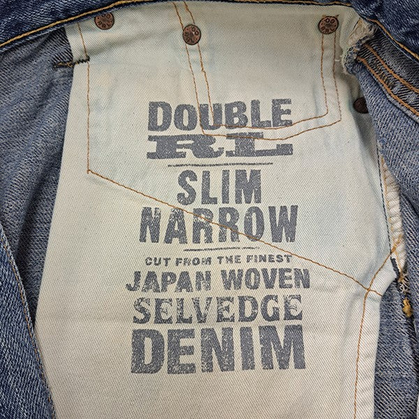 スリムナローデニムパンツ　ボタンフライセルビッジデニムパンツ