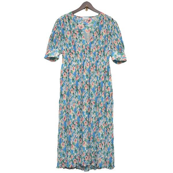 Pleated Georgette V neck Smoke Midi Dress　総柄プリーツワンピース　F6876-UL24