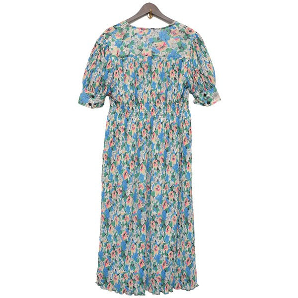 Pleated Georgette V neck Smoke Midi Dress　総柄プリーツワンピース　F6876-UL24