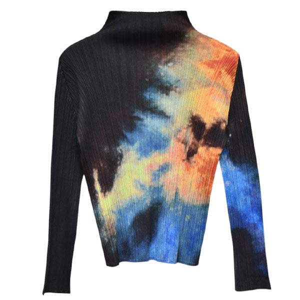宇宙柄タートルネックプリーツロングスリーブTシャツ　ハイネックプリーツブラウス　PP61-JK501