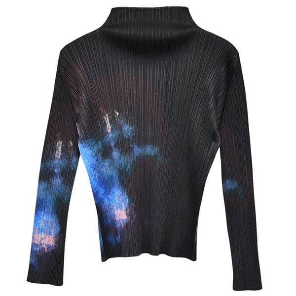 宇宙柄タートルネックプリーツロングスリーブTシャツ　ハイネックプリーツブラウス　PP61-JK501