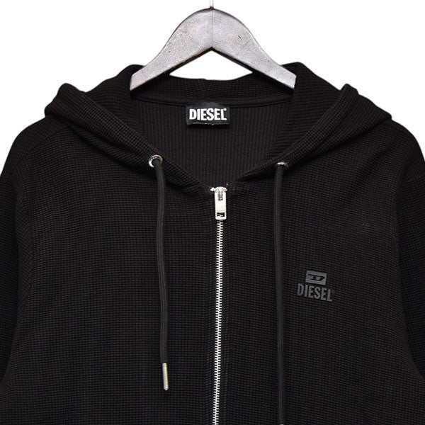 DIESEL ラムレザー切替え スウェットジップパーカ M/紺x黒 フーディー 販売卸売り DIESEL ラムレザー切替え スウェットジップパーカ M