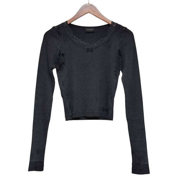 BALENCIAGA 2024AW Distressed Lingerie Top ダメージ加工サーマルロングスリーブTシャツ 791778 古着・中古-1枚目のアイテム画像