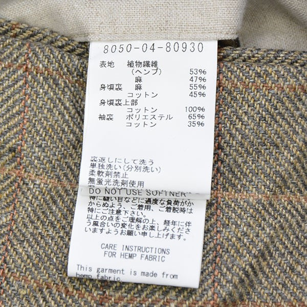 【Nigel Cabourn】チェック柄リネン混ノーカラーライトジャケット Nigel Cabourn】チェック柄リネン混ノーカラーライトジャケット