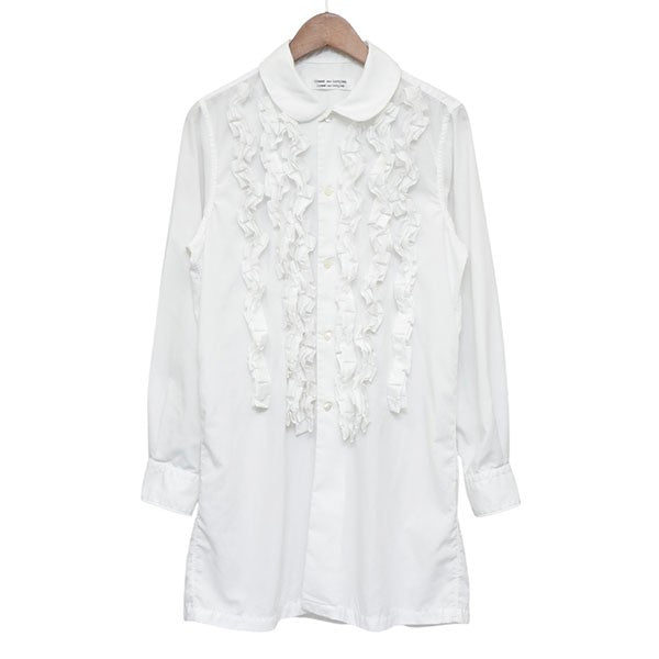 美品コムデギャルソン　ロングシャツ製品染めサイドフリル　ポリエステル　ブラウス COMME des GARCONS(コムデギャルソン) / フリルロングシャツ/S