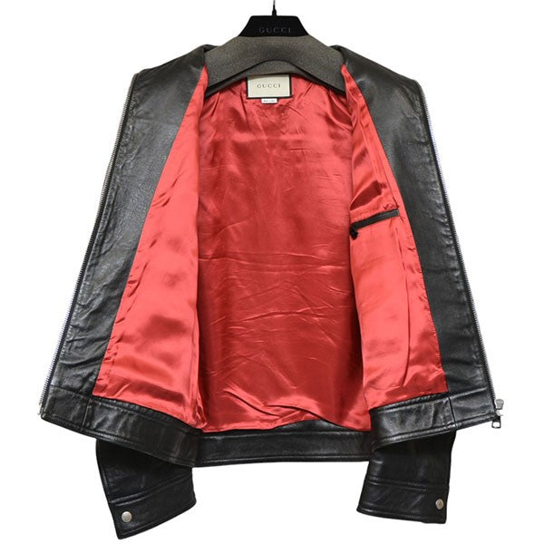 ♡美品♡GUCCI レザージャケット 黒 赤裏地 ウェブ ストライプ レザー ボンバージャケット ・ブラック | GUCCI公式
