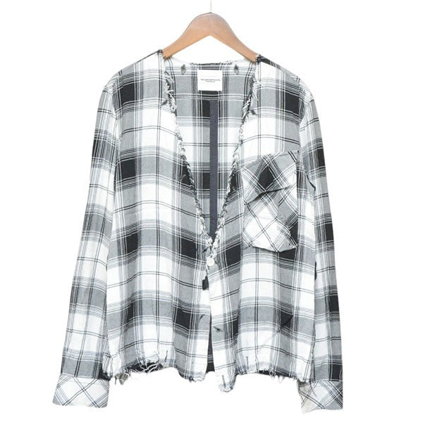 TAKAHIROMIYASHITA TheSoloIst． 2017AW crossover collarless shirt クロスオーバーカラーレスシャツ オーバーサイズダメージチェックシャツ 0002bAW17 古着・中古-1枚目のアイテム画像