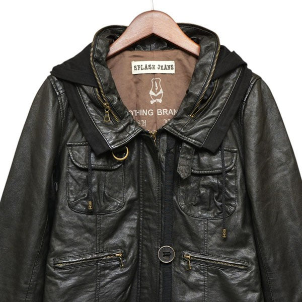 SPLASH JEANS Y2K グランジ フード レザージャケット ライダースジャケット 古着・中古-4枚目のアイテム画像