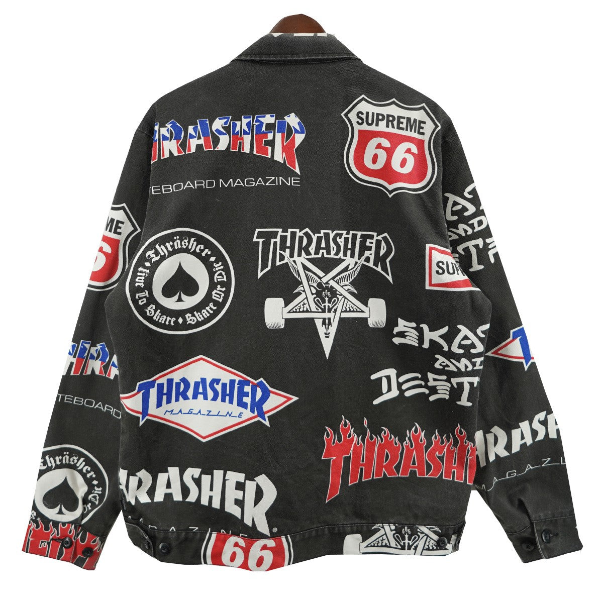 Supreme×THRASHER 古着・中古 シュプリーム×スラッシャーの15SS Thrasher Work Jacket ユーズド加工 ロゴ スラッシャー ワークジャケットです。