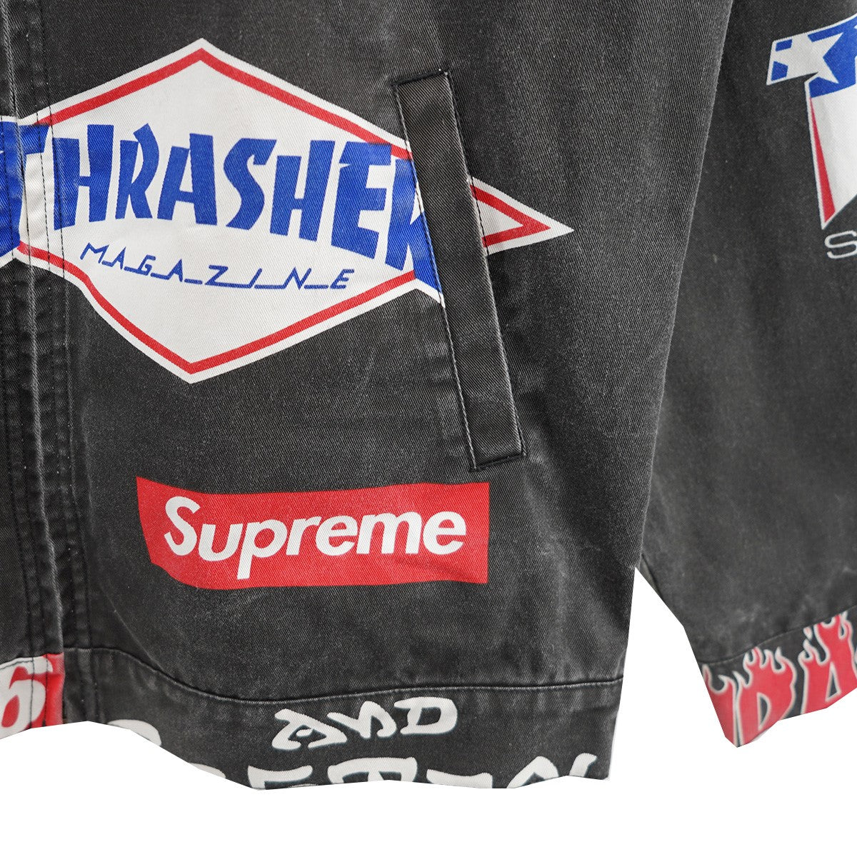 Supreme×THRASHER 古着・中古 シュプリーム×スラッシャーの15SS Thrasher Work Jacket ユーズド加工 ロゴ スラッシャー ワークジャケットです。