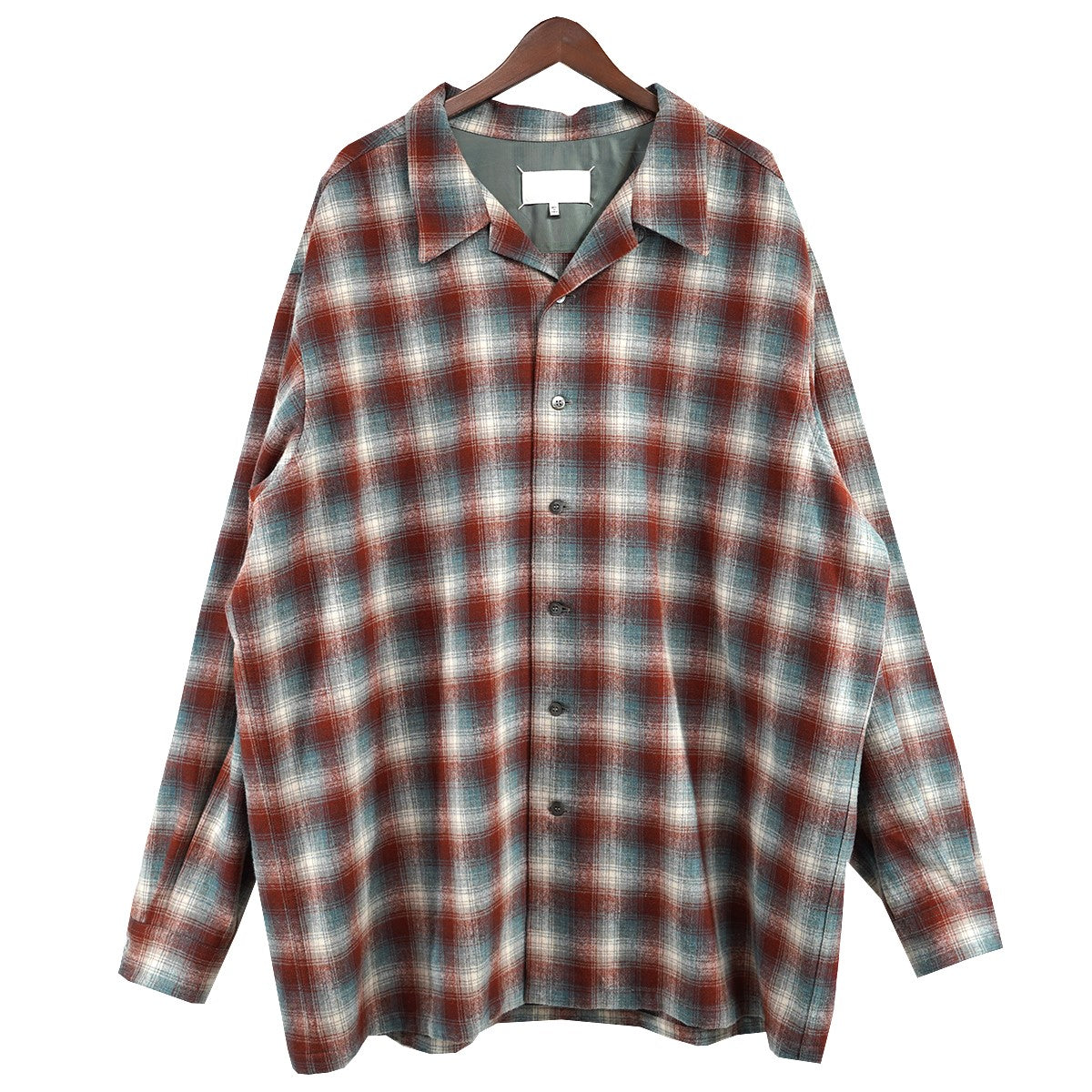 23AWコラボ フォーステッチロゴ パッチ 四つ糸 四つタグ オーバーサイズ オープンカラー チェック ウール シャツ