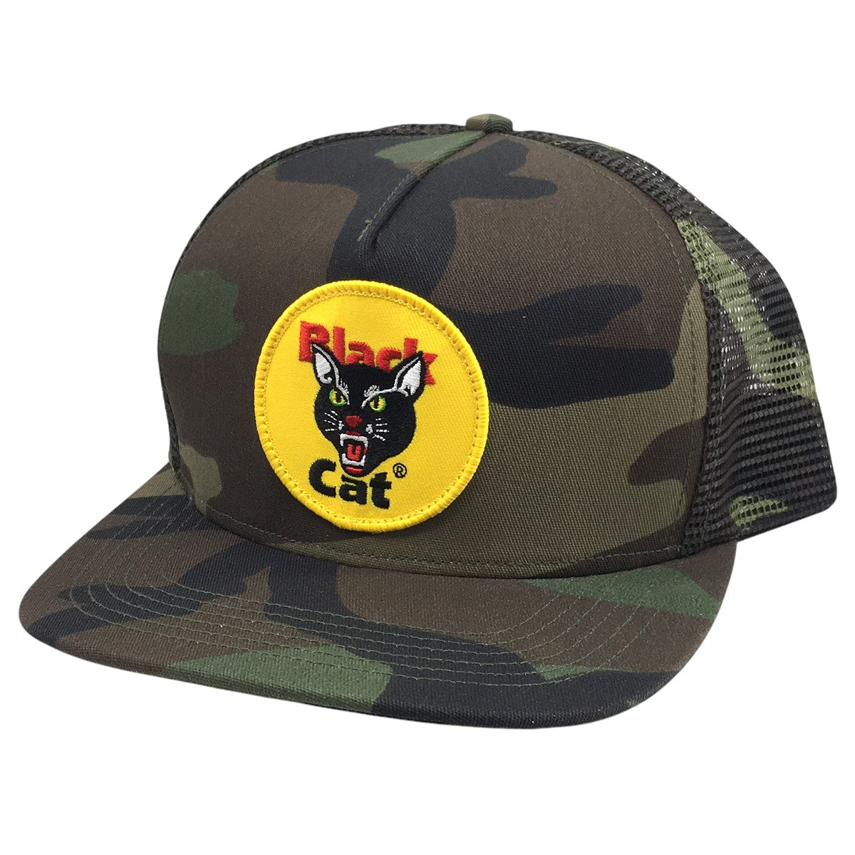 24SS Black Cat Mesh Back 5-Panel Woodland Camoブラックキャット ロゴ メッシュ 5パネル キャップ 帽子