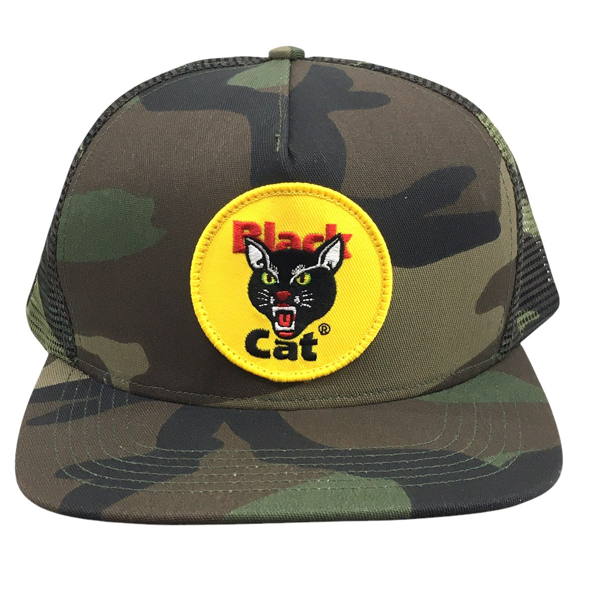 24SS Black Cat Mesh Back 5-Panel Woodland Camoブラックキャット ロゴ メッシュ 5パネル キャップ 帽子