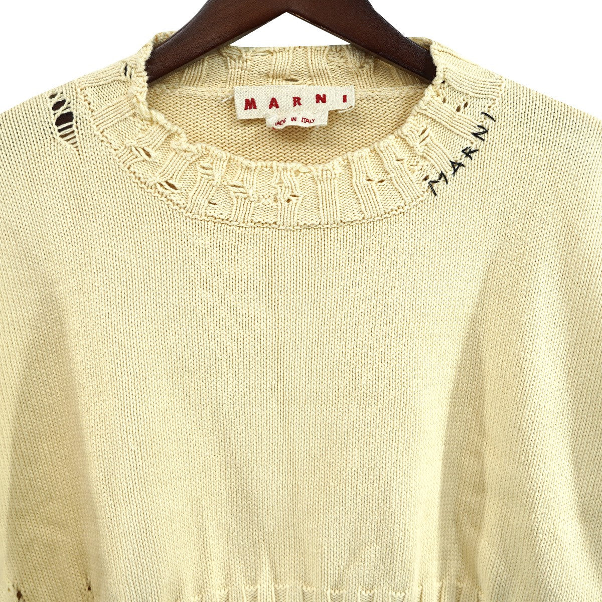 23AW ROUNDNECK SWEATER短丈 ロゴ ダメージ デストロイ加工 コットン ニット セーター