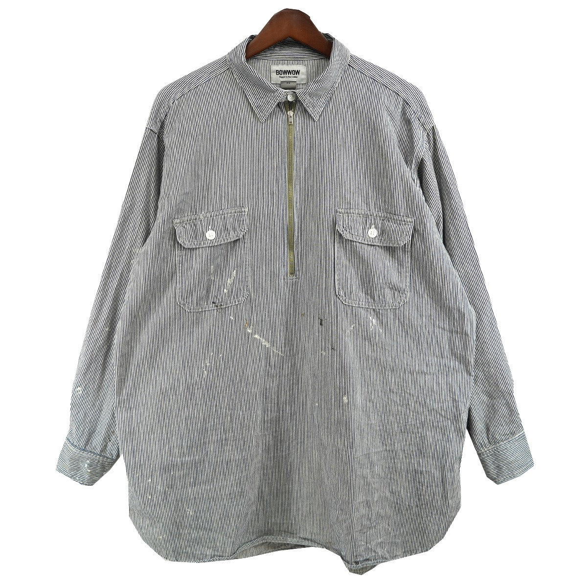 BOWWOW WORK HICKORY STRIPE PO SHIRTSワーク ヒッコリーストライプ ハーフジップ ペイント加工 プルオーバー シャツ 古着・中古-1枚目のアイテム画像