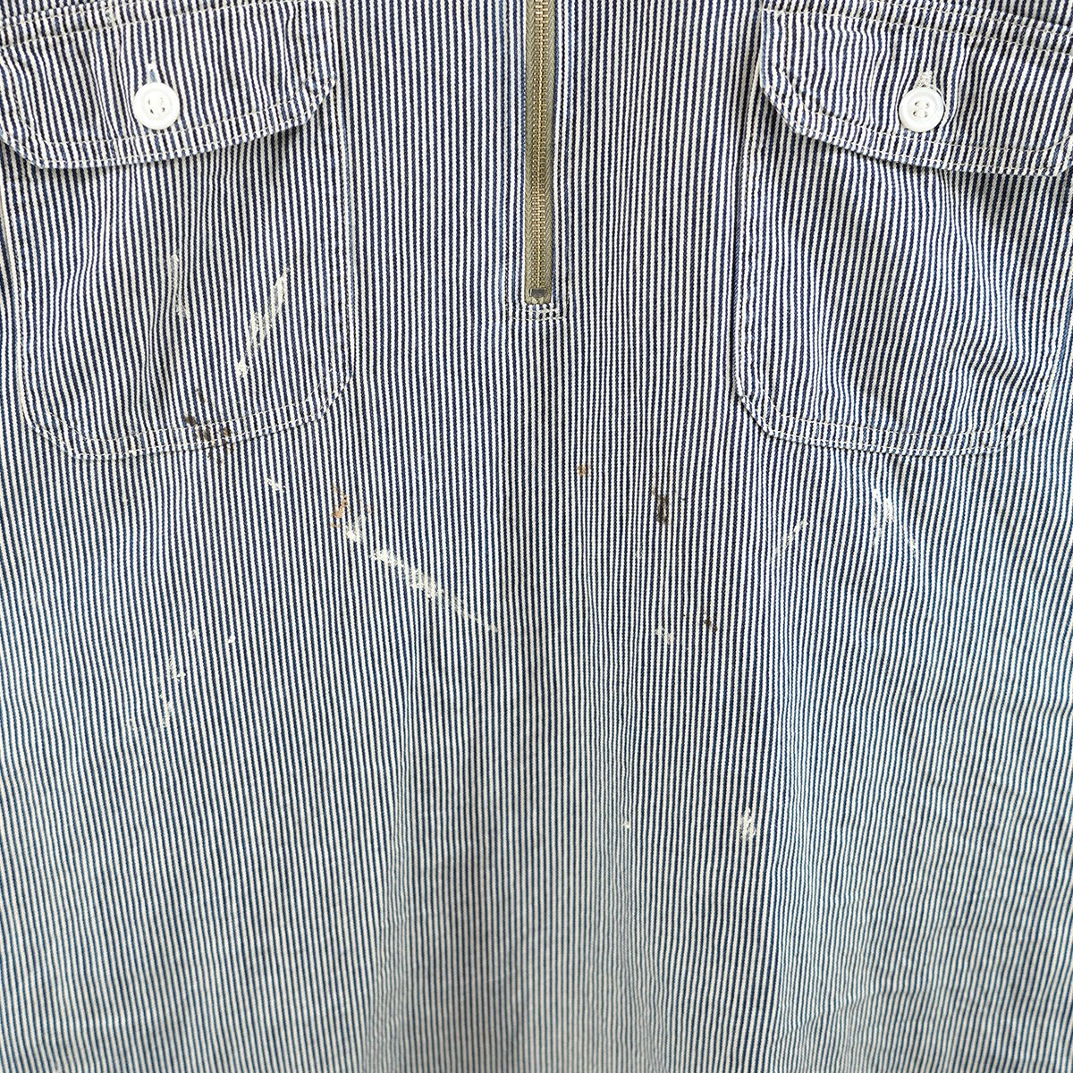 BOWWOW WORK HICKORY STRIPE PO SHIRTSワーク ヒッコリーストライプ ハーフジップ ペイント加工 プルオーバー シャツ 古着・中古-3枚目のアイテム画像