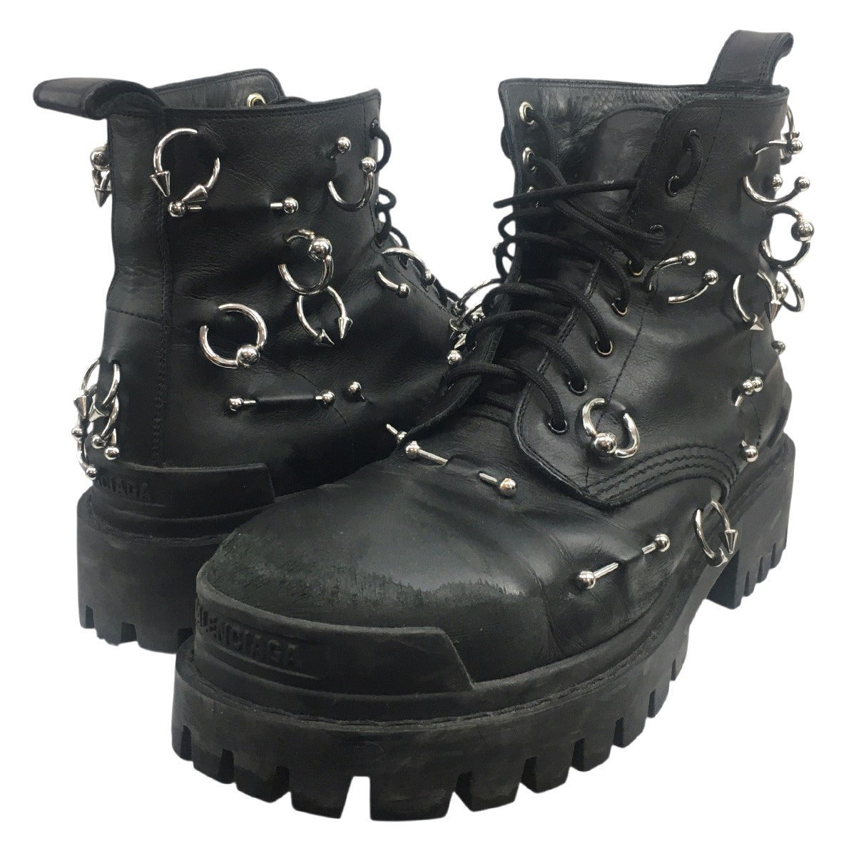 BALENCIAGA STRIKE 20MM PIERCED BOOTS ヴィンテージ Vintage 加工ストライク ピアッシング ピアス レザーブーツ 靴 シューズ 古着・中古-1枚目のアイテム画像