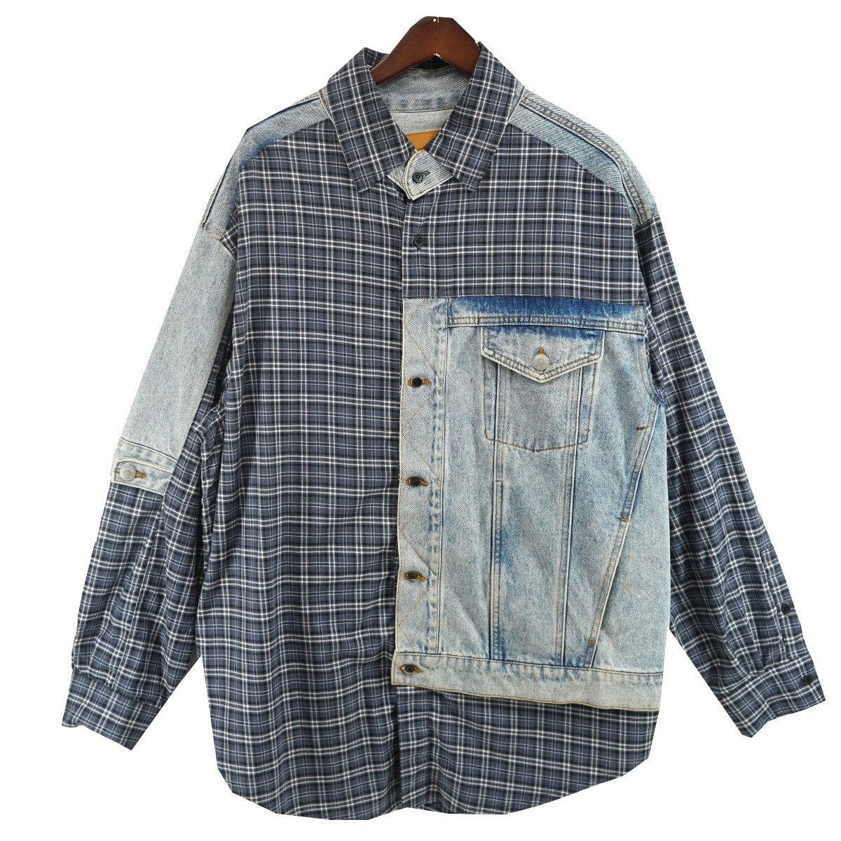 19SS Hybrid Denim Shirtヴィンテージ Vintage 加工 ハイブリッド 切替 デニム チェック シャツ