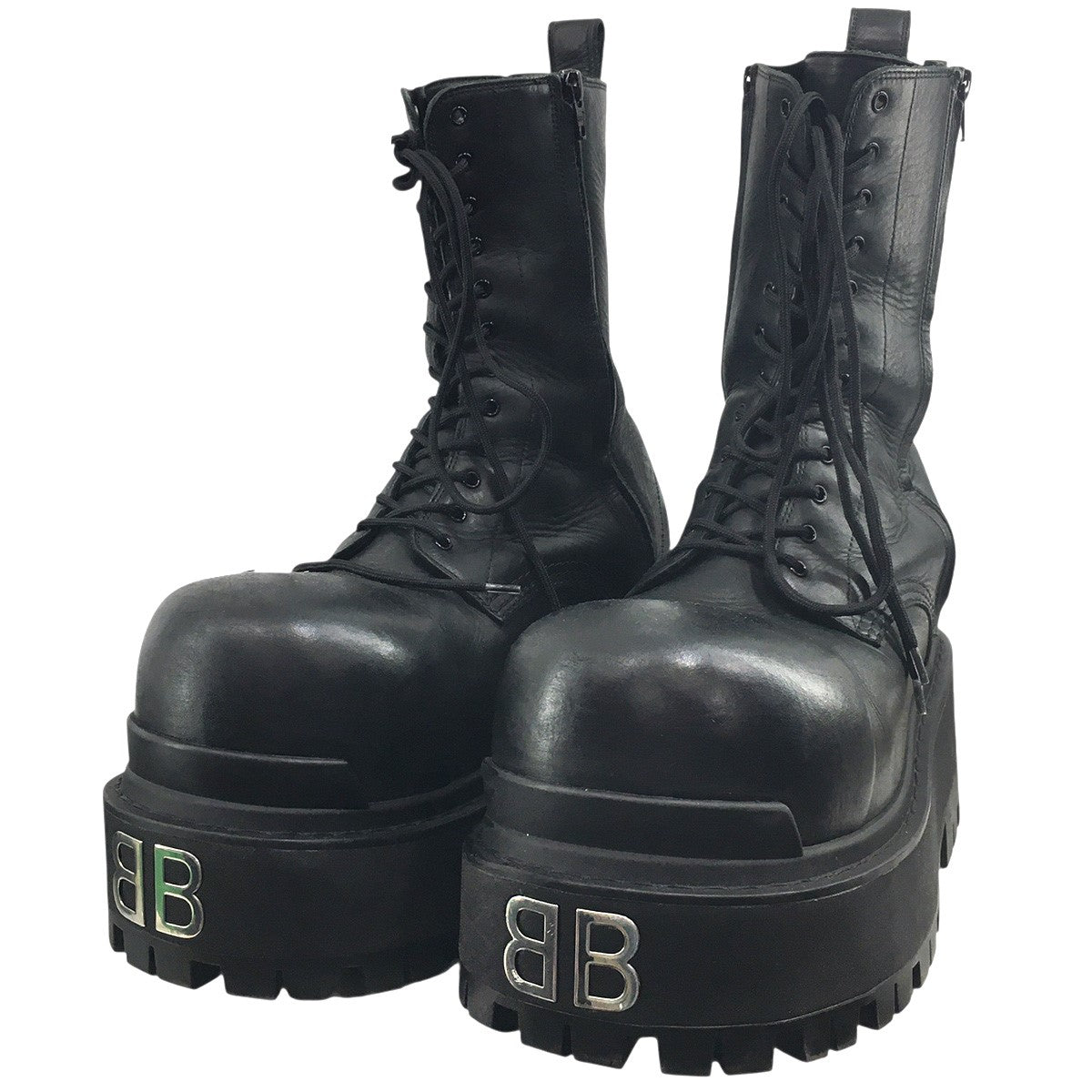 BALENCIAGA 25SS Giant Lace-up Boots 80MM ジャイアント レースアップBBロゴ ダブルサイドジップ レザー ボリュームソール ブーツ シューズ 靴 古着・中古-1枚目のアイテム画像