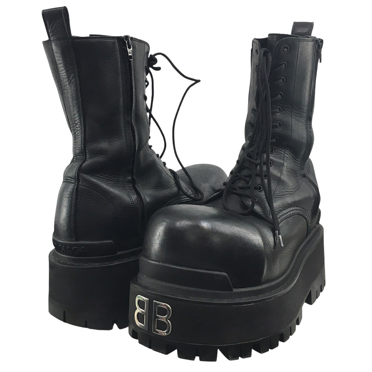 BALENCIAGA 25SS Giant Lace-up Boots 80MM ジャイアント レースアップBBロゴ ダブルサイドジップ レザー ボリュームソール ブーツ シューズ 靴 古着・中古-2枚目のアイテム画像