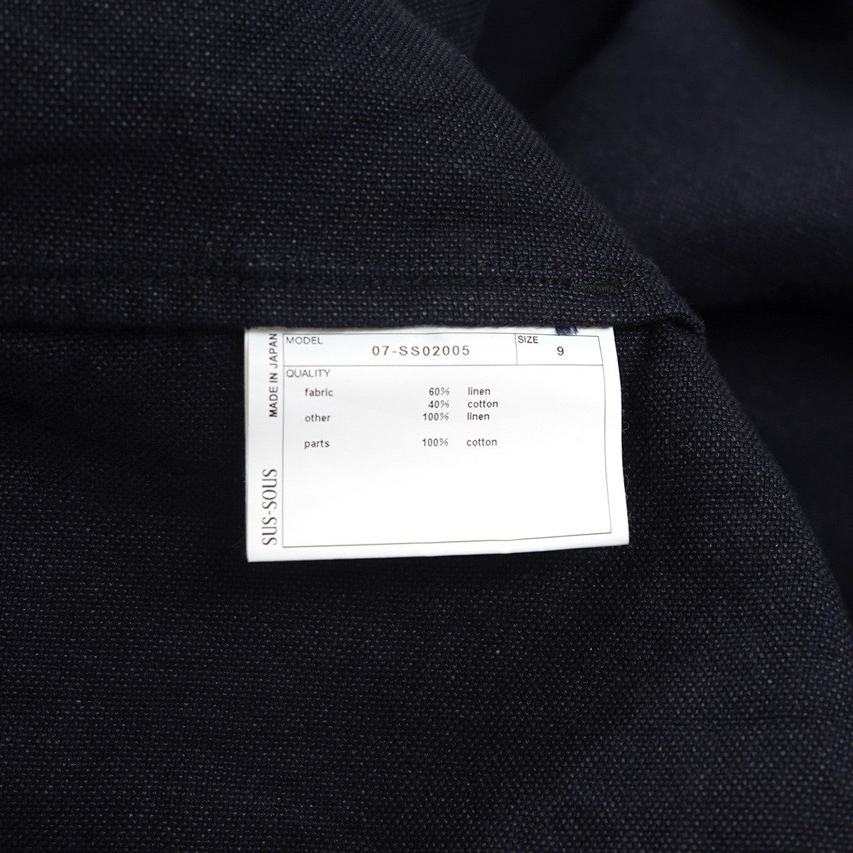 sus-sous(シュス) 20SS Jacket， tankリネンコットン ループボタン