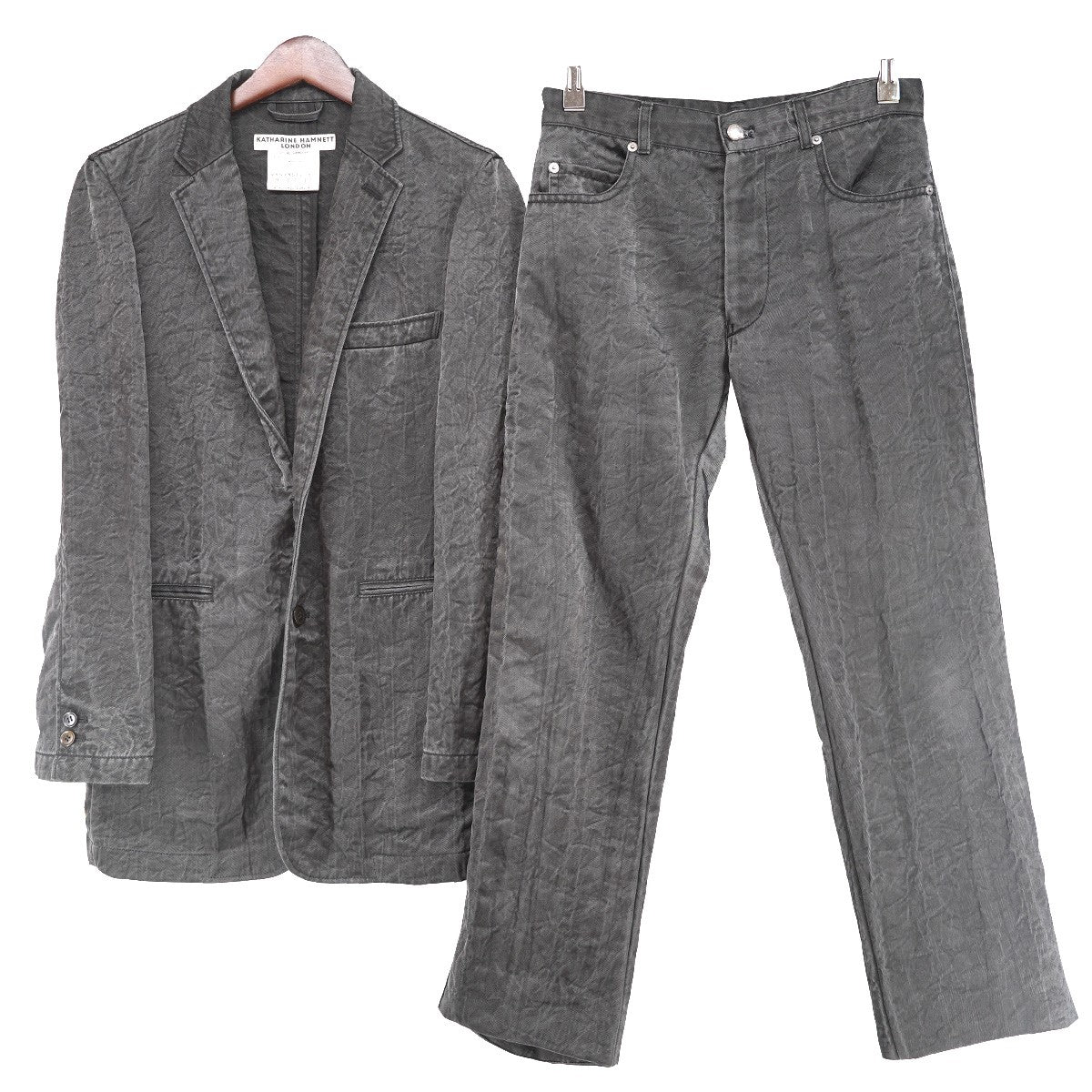 KATHARINE HAMNETT LONDON 00s 03AW オールド アーカイブ セットアップガーメントダイ 製品染め 加工 テーラード ジャケット ストレートパンツ 古着・中古-1枚目のアイテム画像
