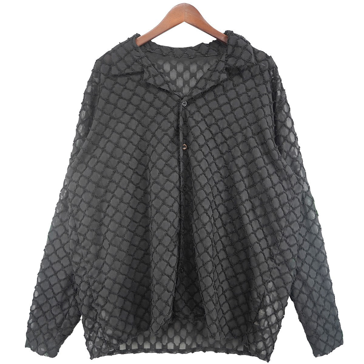 Adoon plain 23SS レースシアーシャツドロップショルダー 幾何学 模様 ダイヤモンドブロック パターン 長袖 シャツ 古着・中古-1枚目のアイテム画像