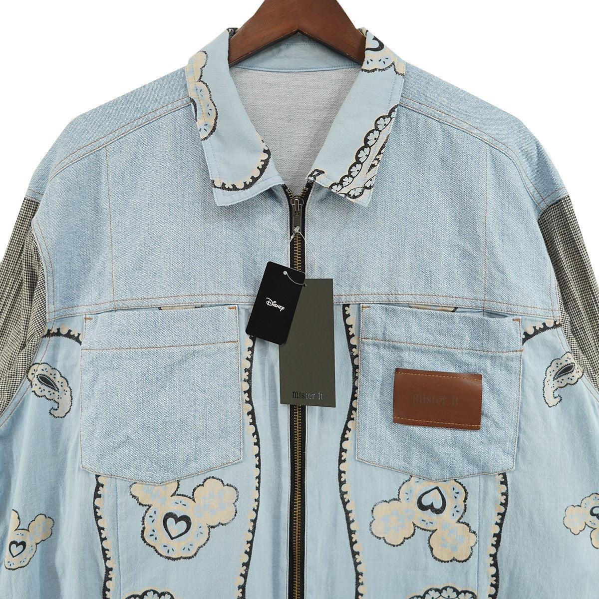 24SS MICKEYMOUSE-BLOUSON DISNEYディズニー ミッキーマウスブルゾン デニム 千鳥 切替 ジップ シャツ