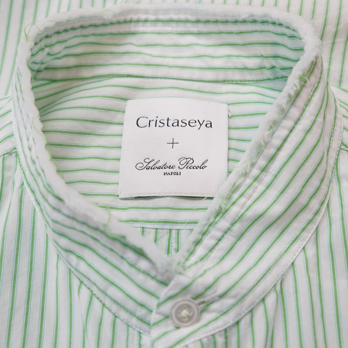 × Salvatore Piccolo HANDMADE FRINGED MAO COLLAR SHIRTハンドメイド フリンジ 加工 マオカラー ストライプシャツ