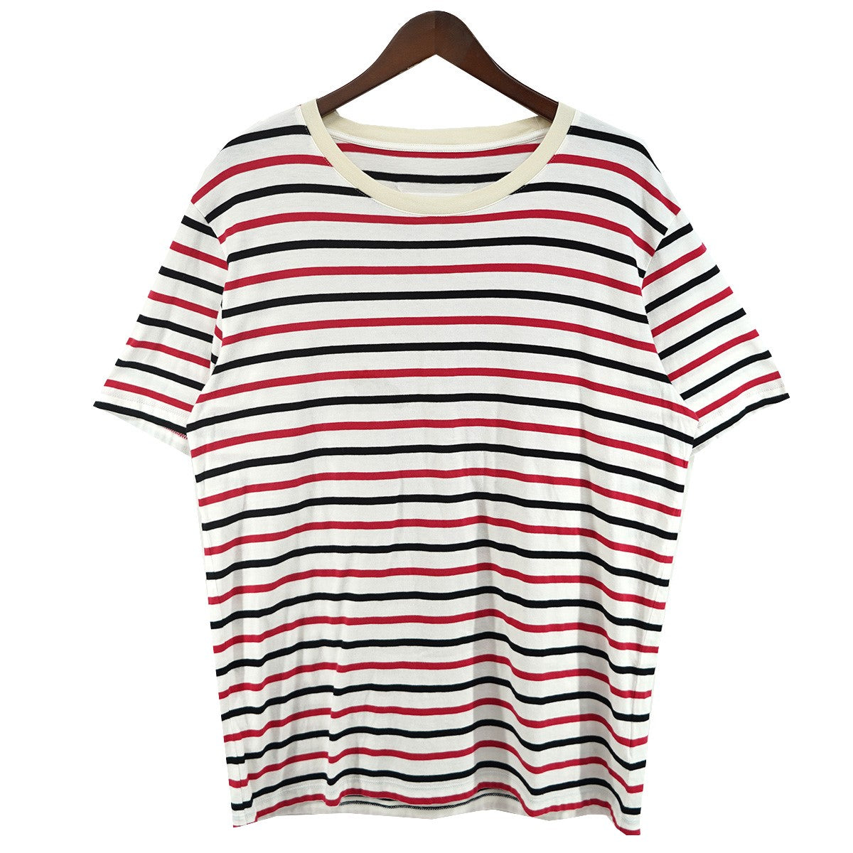 18SS トリコロール ボーダー アイボリーリブ4ステッチ カレンダータグ リラックスフィット 半袖 Tシャツ