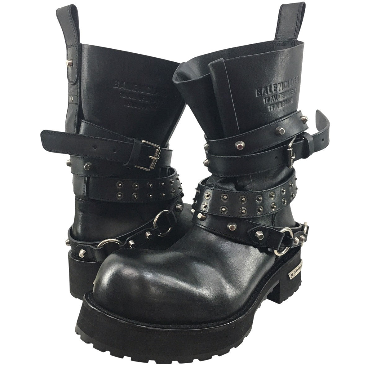 VENOM CITY BOOTIE ブラック Worn-out カーフスキンスタッズ ヴェノム ベルテッド ロゴ ブーツ