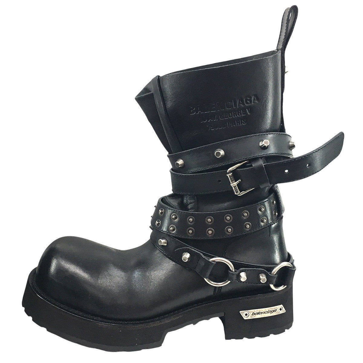 VENOM CITY BOOTIE ブラック Worn-out カーフスキンスタッズ ヴェノム ベルテッド ロゴ ブーツ