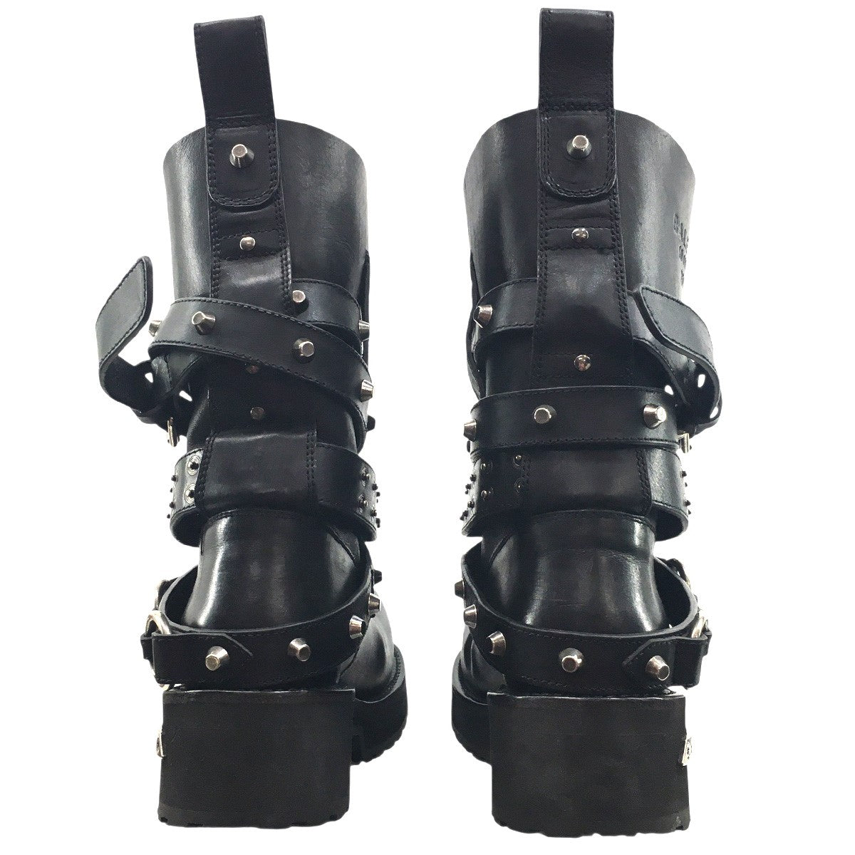 VENOM CITY BOOTIE ブラック Worn-out カーフスキンスタッズ ヴェノム ベルテッド ロゴ ブーツ