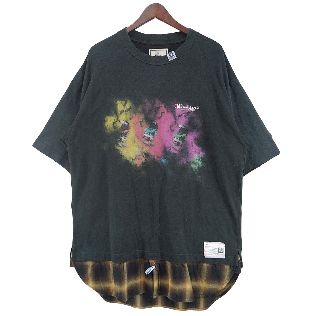 23SS Shirt layered H／S T-shirt シャツドッキング フェイク レイヤードスモークグラフィック ロゴ ネームタグ オーバーサイズ ハーフスリーブ フランネル Tシャツ