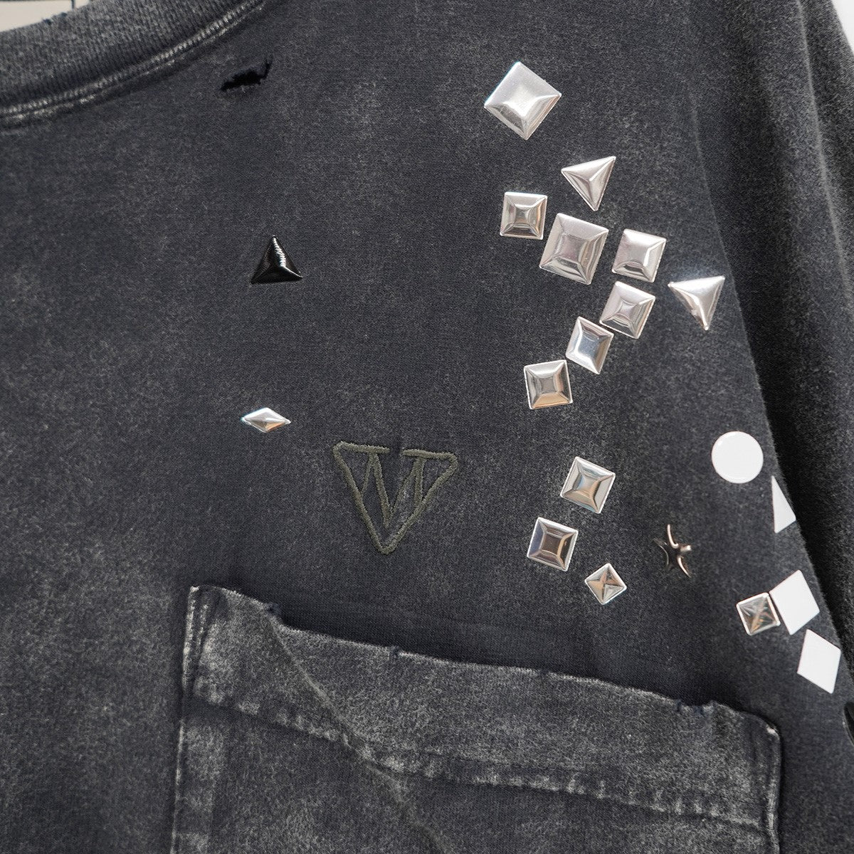 25AW Embellished Bleached T-shirt ヴィンテージ Vintage ダメージ フェード加工ランダム風スタッズ ロゴ刺繍 タグ スリット ビッグシルエット 半袖 Tシャツ