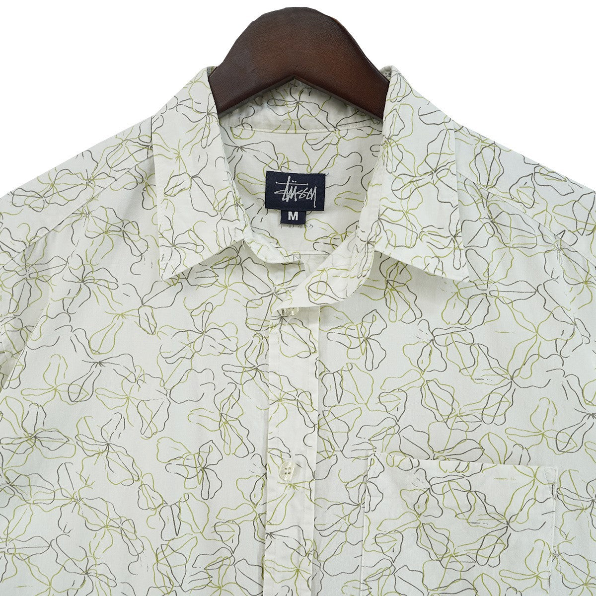 03SS FLOWER PATTERN SHIRT オールドステューシー OLD STUSSYラインアート 線画 花 フラワー 総柄 ポケット ロゴ ピスタグ 半袖 シャツ