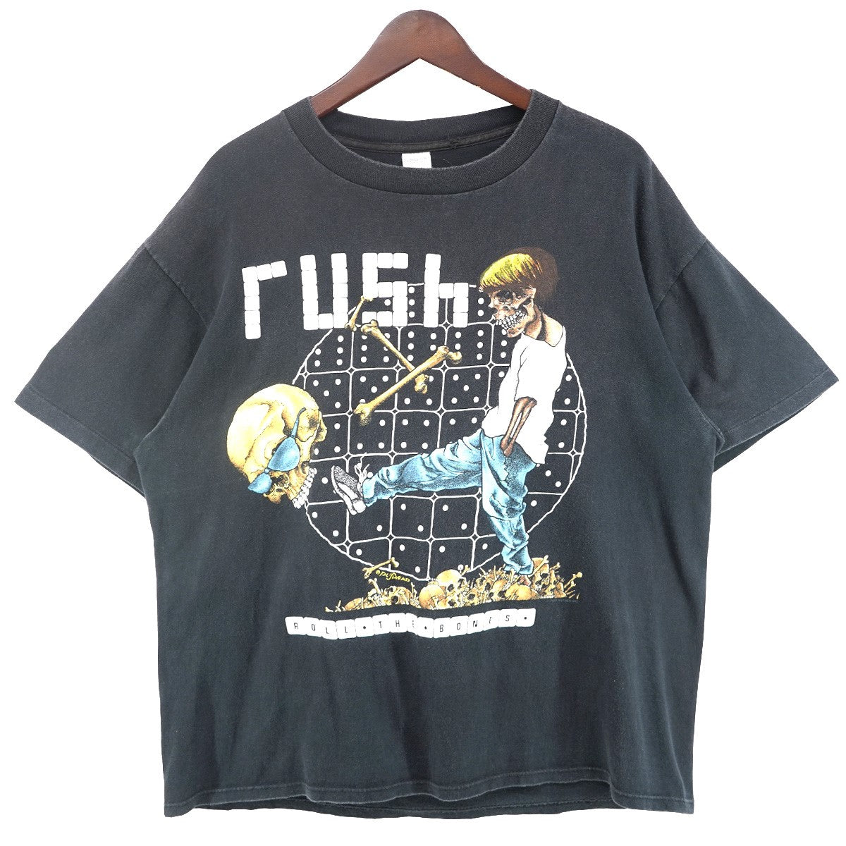 VINTAGE 90s RUSH Roll the Bones 1991 Artwork by PUSHEADラッシュ 北米ツアー スカル 骸骨 ダイス サイコロ リリック プリント 半袖 Tシャツ 古着・中古-1枚目のアイテム画像