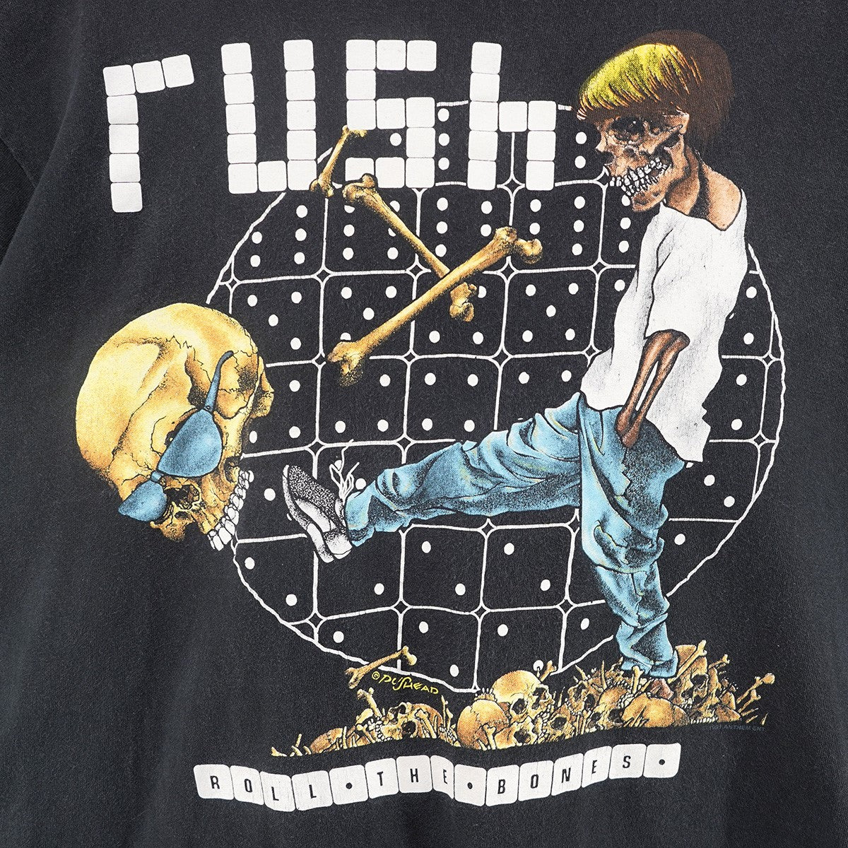 VINTAGE 90s RUSH Roll the Bones 1991 Artwork by PUSHEADラッシュ 北米ツアー スカル 骸骨 ダイス サイコロ リリック プリント 半袖 Tシャツ 古着・中古-3枚目のアイテム画像