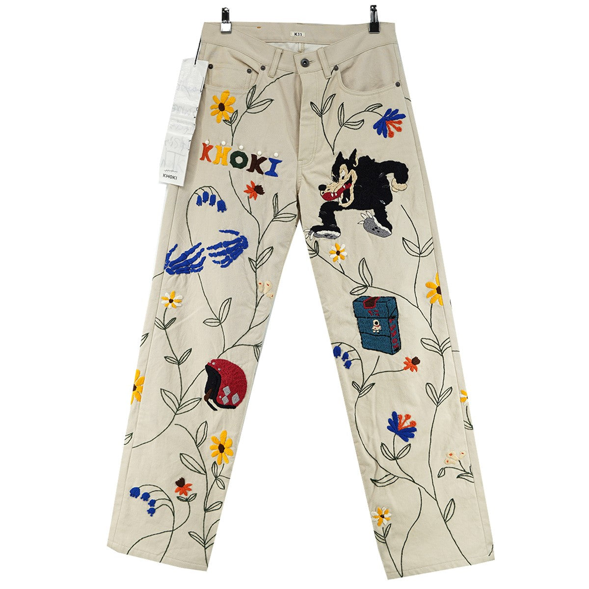 24AW Embroidery Pants オオカミ タバコ ヘルメット 花 蔦 ツタ 植物 ロゴ刺繍 ビーズ エンブロイダリー メモリアル ストレート チノ パンツ