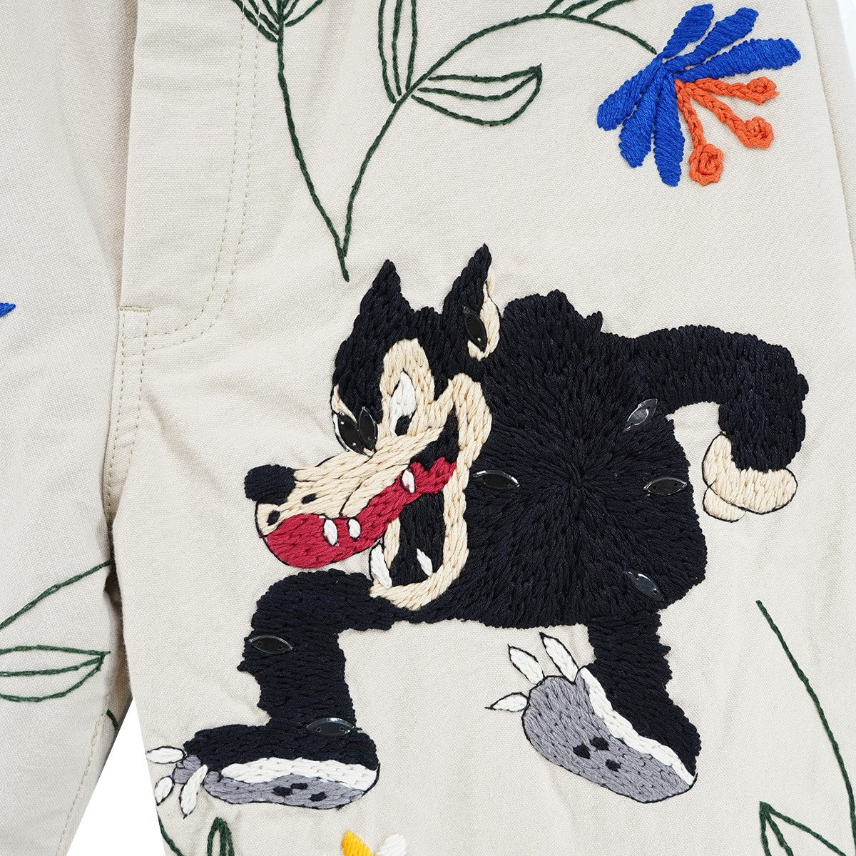 24AW Embroidery Pants オオカミ タバコ ヘルメット 花 蔦 ツタ 植物 ロゴ刺繍 ビーズ エンブロイダリー メモリアル ストレート チノ パンツ