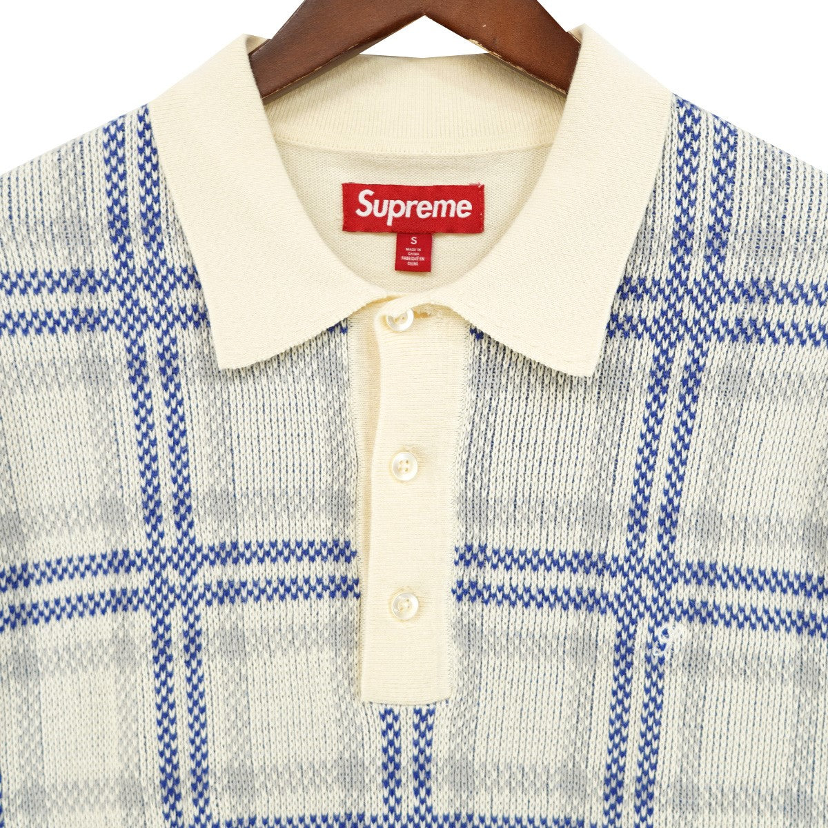 Supreme 24SS Plaid Knit S／S Poloプレイド 格子模様 ブルーチェック スクリプト ロゴ 刺繍 ニット ポロシャツ 古着・中古-3枚目のアイテム画像
