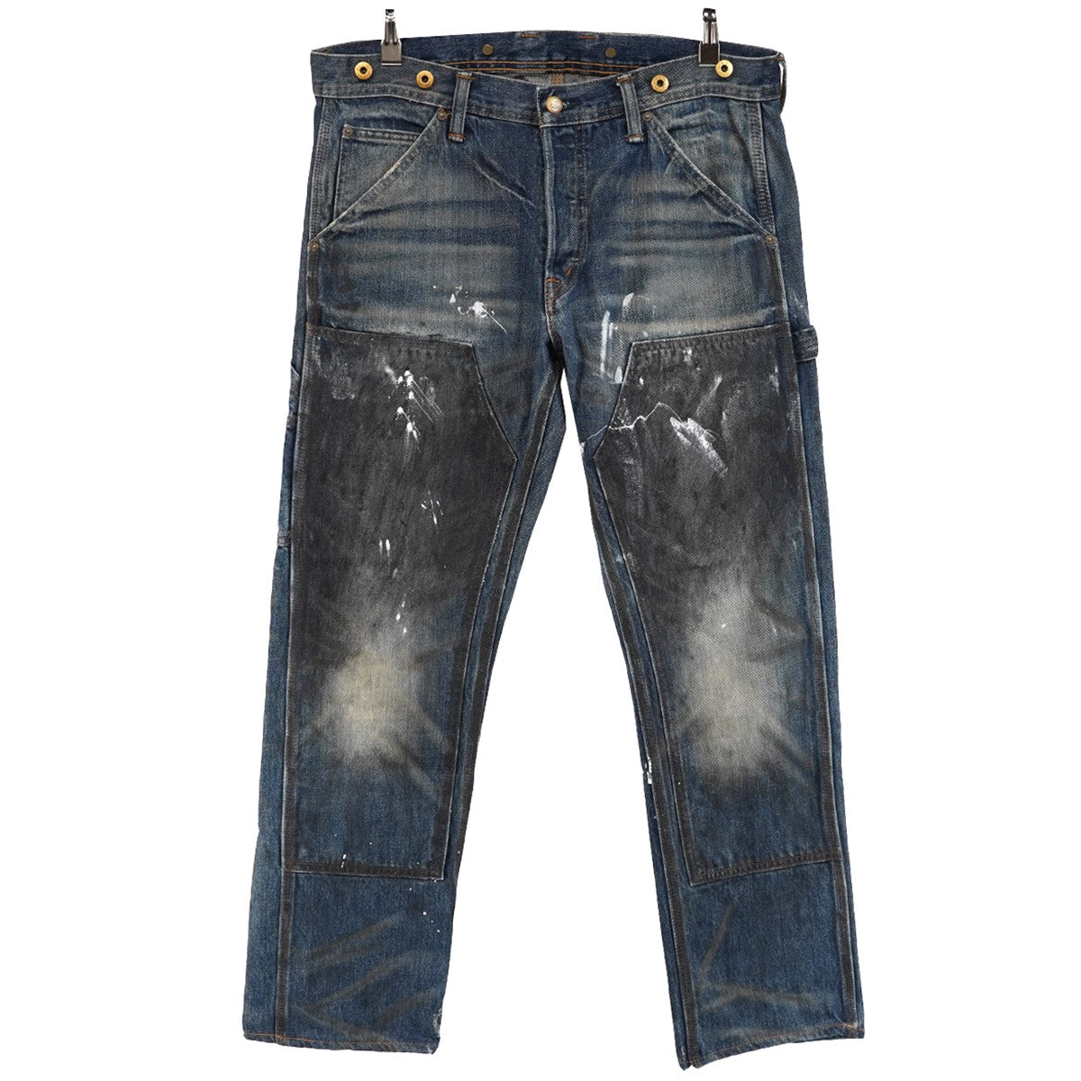 15AW STRAIGHT ペインター ダメージ＆リペア加工 ロゴパッチ ダブルニー デニムパンツ
